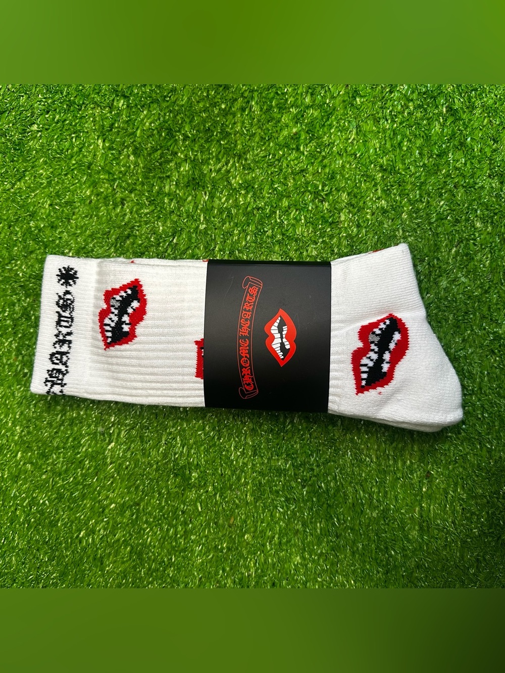 Chrome Hearts White Crew Socks with Red Lip Pattern